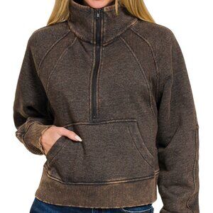 NWT Ladies Ash Black Acid Washed Half Zip Long Sleeve Fleece Pullover - Medium
